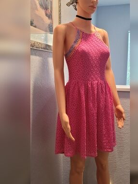 Xhilaration Pink Lace Halter Fit-and-Flare Dress with Multicolor Trim